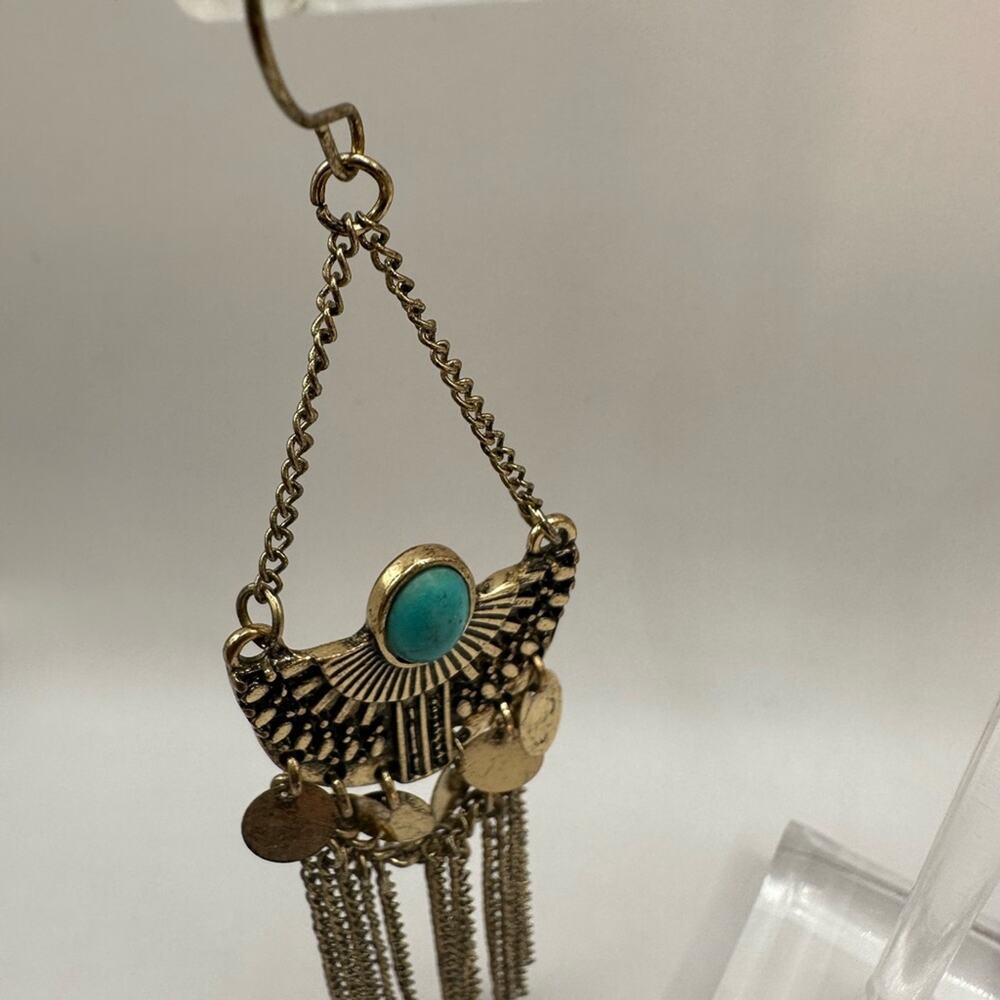 Western Blue Gold tone Turquoise Dangle Chandelier Statement Earrings Boho - Picture 8 of 9